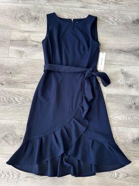 NWT Calvin Klein Navy Blue Ruffle Wrap Dress | Size 4 | Elegant Dress